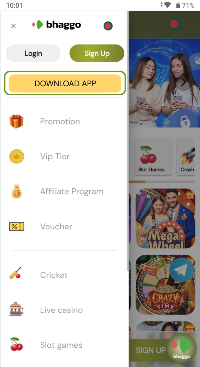 Where to find the button to download the Bhaggo online casino application on your Android phone.
