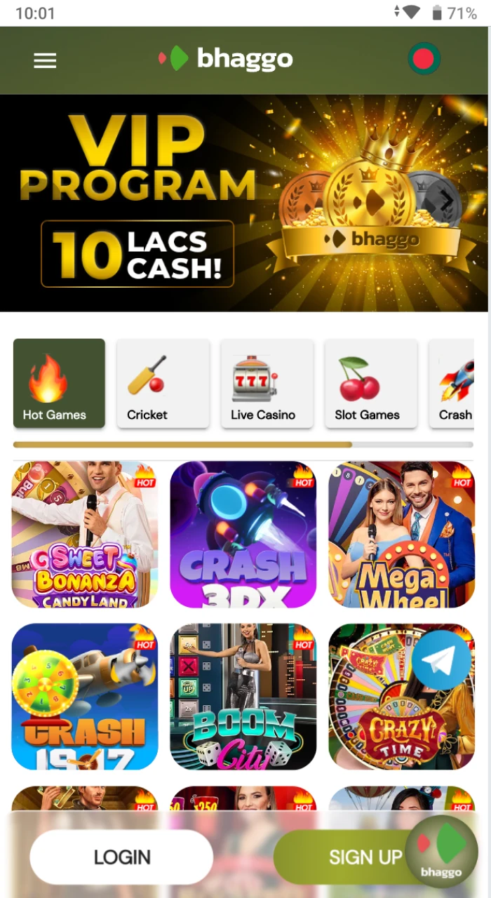 Home page of the Bhaggo online casino website on an Android phone.