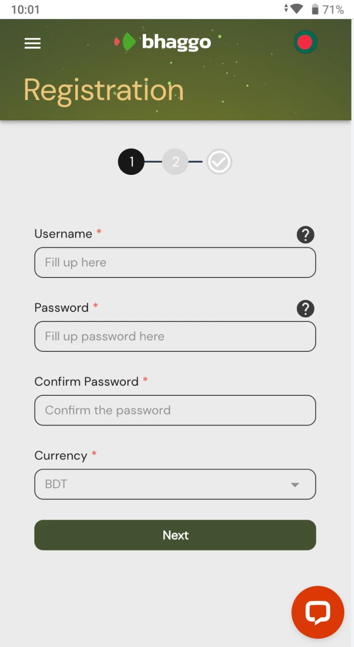 নিবন্ধন করতে, আপনাকে Bhaggo অনলাইন ক্যাসিনো ওয়েবসাইটে ফর্ম ক্ষেত্রগুলি পূরণ করতে হবে৷