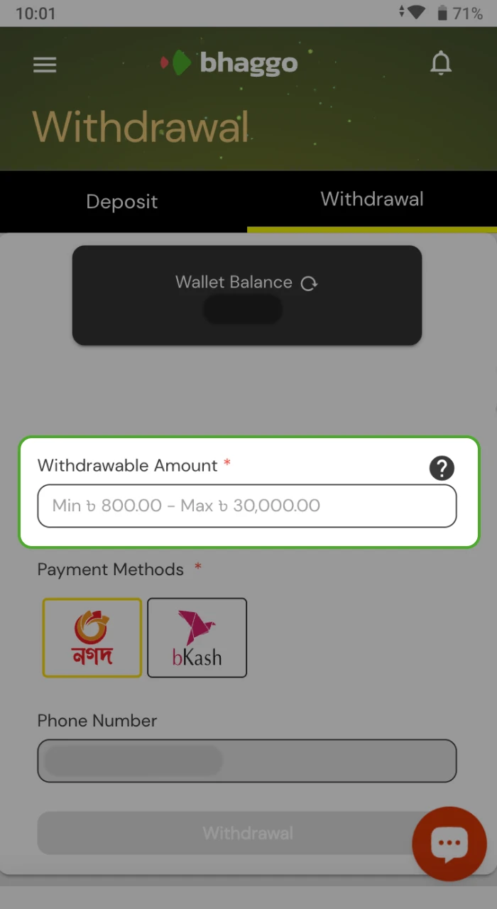 Where should I indicate the amount of money to withdraw on the Bhaggo online casino website.